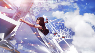 Woman flying skateboard futuristic city - blue sky free wallpaper