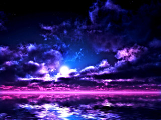 Purple sky clouds water full - a full moon in the distance free wallpaper
