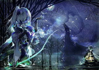 Woman blue sword forest mountain - a sword in a forest free wallpaper