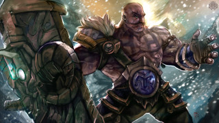 Man armor holding giant object - league of legends concept art free wallpaper