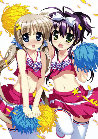 Anime girls cheerleader outfits poms - their chest free wallpaper