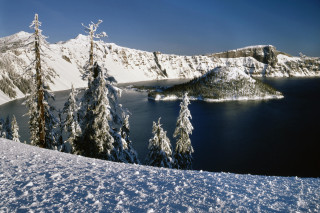 Snowy mountain lake trees blue 2 - mountain free wallpaper