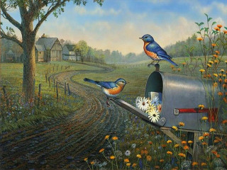 Birds mailbox field flowers tree - thomas kindkade free wallpaper