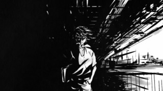 Black white drawing person walking - his hand and a building in the background free wallpaper