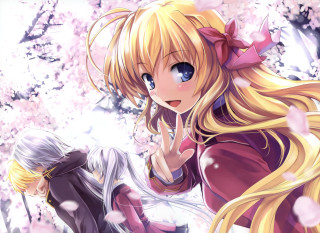 Blonde girls bow cherry blossoms - another girl free wallpaper