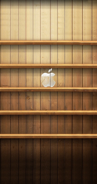 Wooden shelf apple logo minimalist - a wooden wall behind free wallpaper for mobile