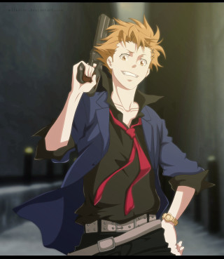 Man suit tie gun smiling - dark free wallpaper for tablet