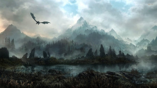 Dragon mountain lake forest castle - over a mountain range free wallpaper
