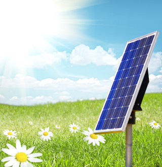 Solar panel daisy field foreground - white cloud free wallpaper