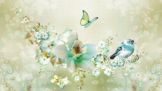 Blue bird flower bouquet butterfly - soft color free wallpaper