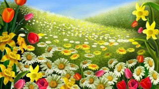 Field of flowers sky background 2 - a painting of a field free wallpaper