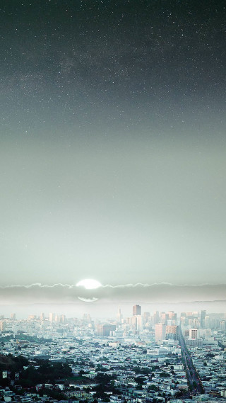City skyline bright moon distant - below free wallpaper