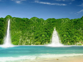 Waterfall beach forest mountain lake - the middle of a body free wallpaper