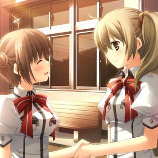 Anime girls window hand holding - a hand free wallpaper for tablet