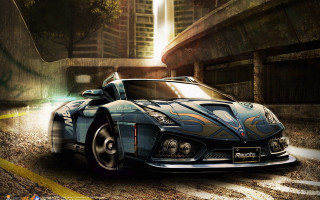 Blue sports car city night - matte drawing free wallpaper