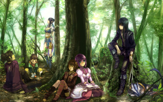 Group people sitting woods together - one person holding free wallpaper