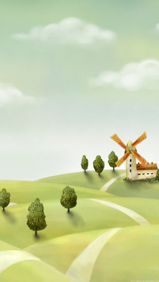 Windmill green field trees road - green free wallpaper