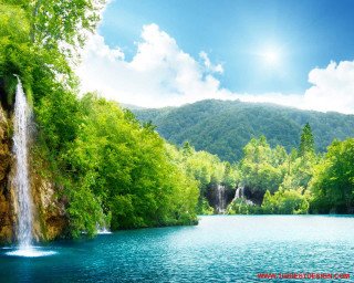 Waterfall lake trees mountains background - tree and mountains free wallpaper