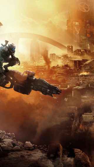 Sci fi character flying city - a sci free wallpaper for mobile