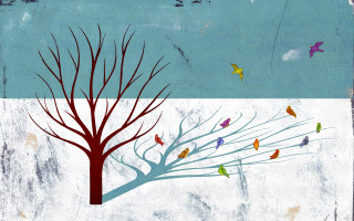 Tree birds flying sky background - massurrealism free wallpaper