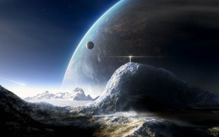 Distant planet cross mountain foreground - a distant planet in the background free wallpaper