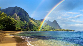 Rainbow beach mountains water scenery - over a beach free wallpaper
