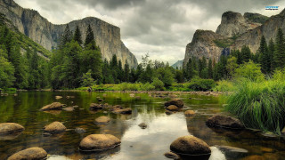 River rocks grass mountains cloudy - rock and grass free wallpaper