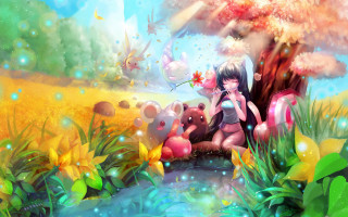 Girl tree teddy bears grass - impressionism free wallpaper for desktop