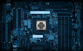 Processor robot blue background cityscape - android free wallpaper for desktop