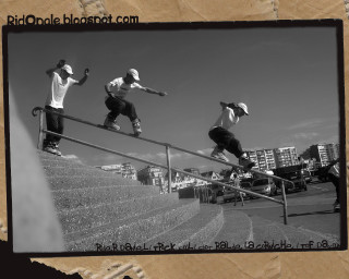 Young men skateboarding metal rail - blunt border free wallpaper for desktop