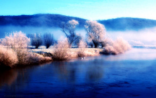 River trees fog hill background - the air above free wallpaper