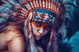Woman feather headdress psychedelic photorealistic - beautiful bone structure free wallpaper for desktop