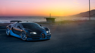 Bugatti car parked ocean sunset - a bugatti car free wallpaper