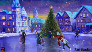 People skating christmas tree town 3 - kinkade free wallpaper