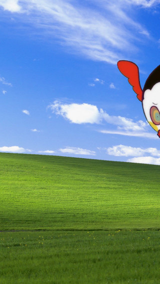 Cartoon character flying green field - widescreen free wallpaper for mobile