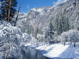 River snow trees mountain blue - a river free wallpaper