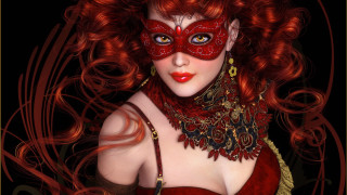 Red hair mask red dress - dark fantasy art free wallpaper