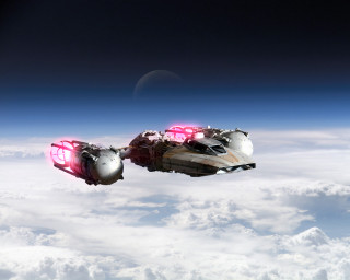 Futuristic ships flying sky clouds - a half moon free wallpaper