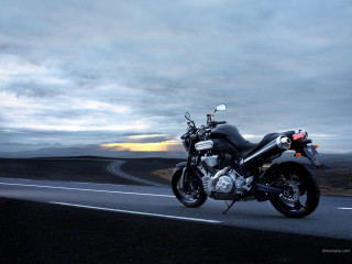 Motorcycle mountains sunset clouds blue - fantastic realism free wallpaper