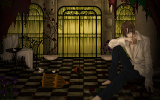 Man sitting checkered floor room - a vase free wallpaper for desktop