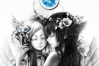 Girls wings blue moon night - two girl free wallpaper