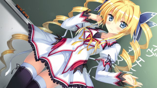 Anime blonde sword white dress 2 - blue eyes holding free wallpaper
