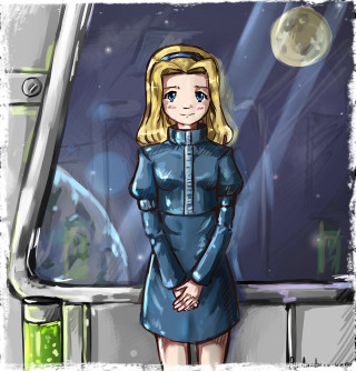 Cartoon woman blue dress window - retrofuturism free wallpaper for tablet