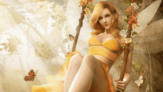 Woman yellow dress butterfly forest - a tree branch in a forest free wallpaper