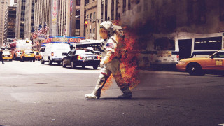 Man walking street fire extinguisher - surreal photography free wallpaper for desktop