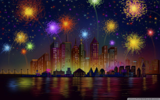 City skyline fireworks water reflection - city background free wallpaper