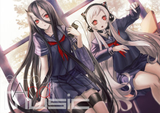 Anime girls bench redeyes headphones - red eye free wallpaper for desktop