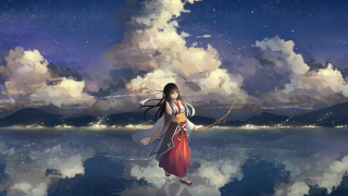 Woman red dress water bow - amano free wallpaper