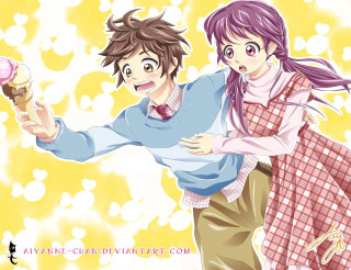 Couple holding cupcake yellow background - a cupcake free wallpaper