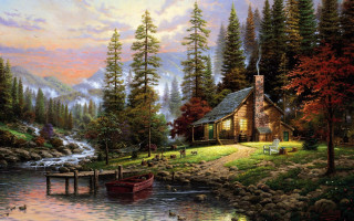 Cabin river boat background painting - kinkade free wallpaper for desktop